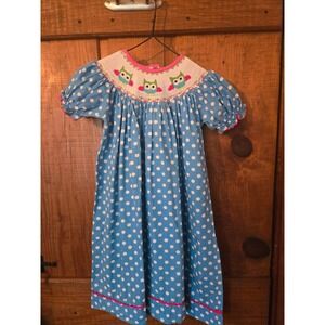 POLKA DOT PRAYERS Girls Blue Smocked Owl Polka Dot Dress Size 4 Ric Rac Trim